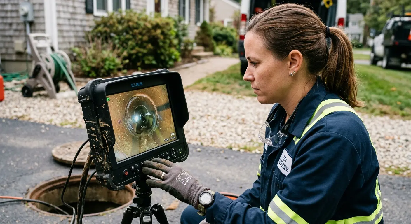 Technician reviewing sewer camera inspection footage in Bucyrus