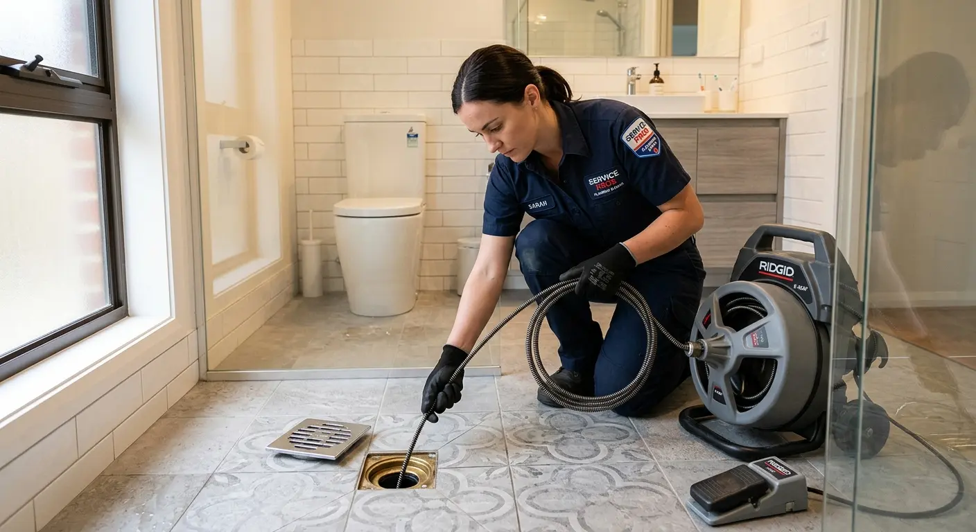 Technician clearing a bathroom floor drain for Sewer Line Replacement in Bucyrus
